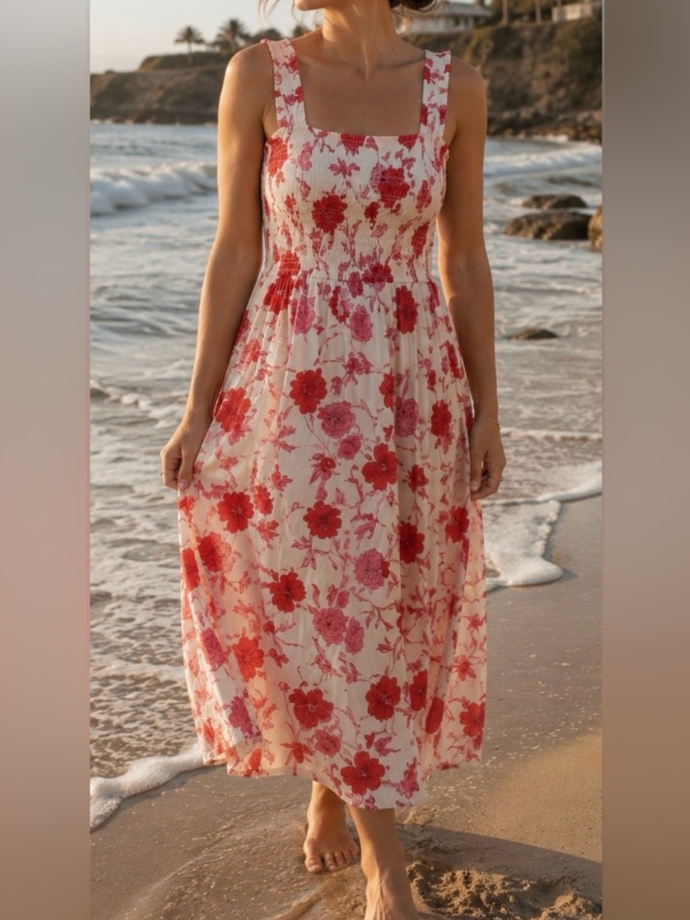 Sincerely Jules White Red Floral Sleeveless Smocked Midi Summer Dress Size Mediu